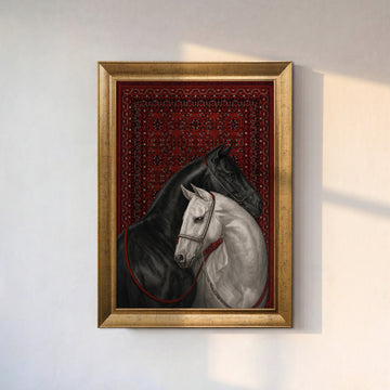 Siyah ve Beyaz At Vintage Halı Kanvas Tablo