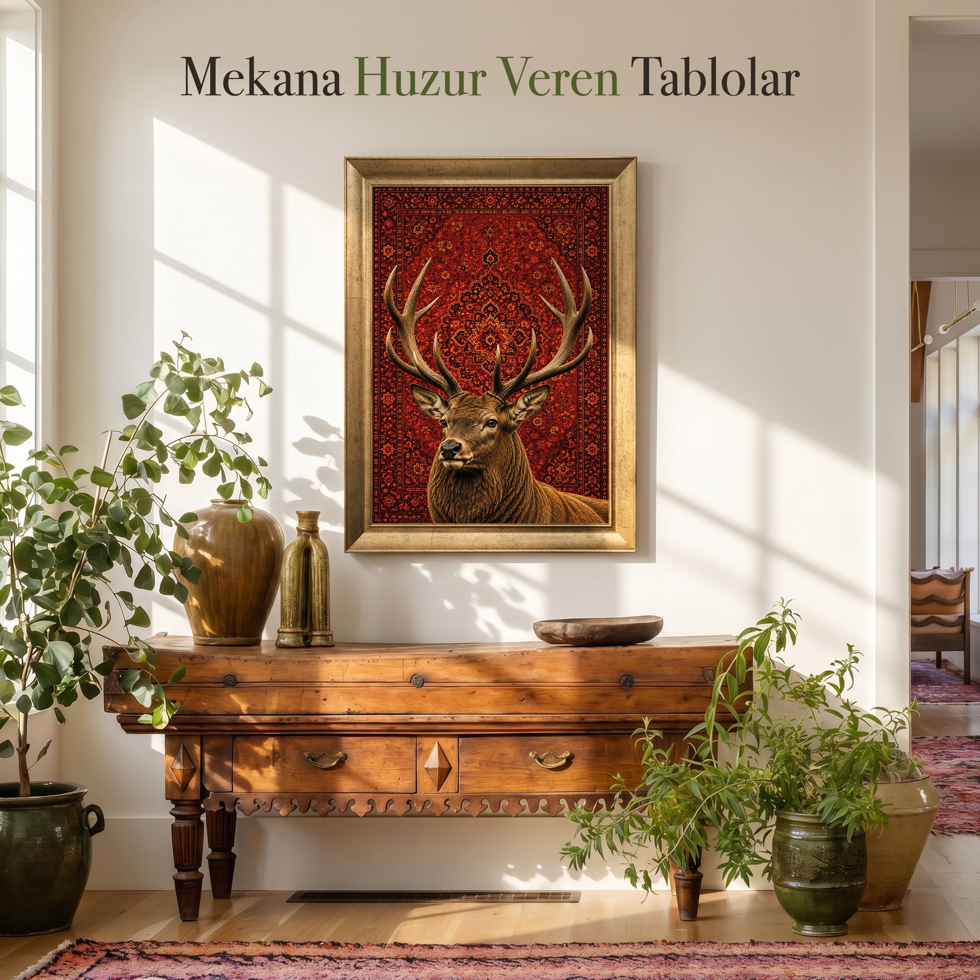 Geyik Vintage Halı Kanvas Tablo