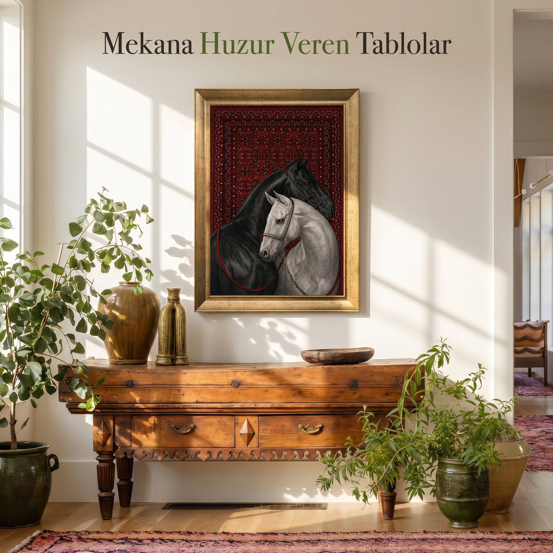 Siyah ve Beyaz At Vintage Halı Kanvas Tablo