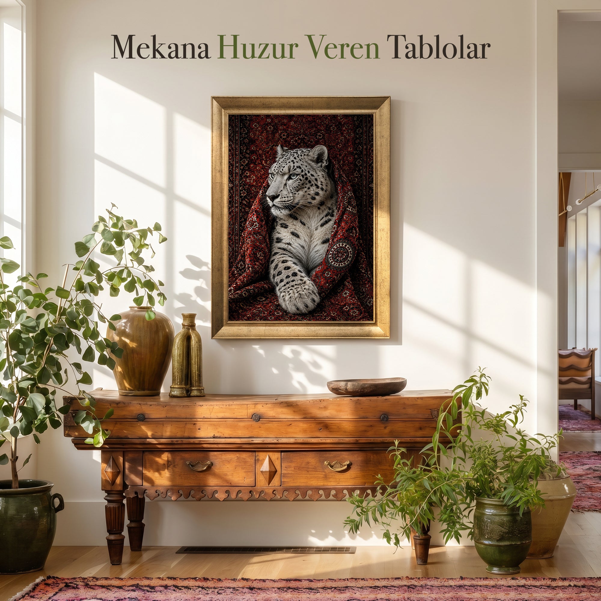 Kar Leoparı - Vintage Halı Kanvas Tablo