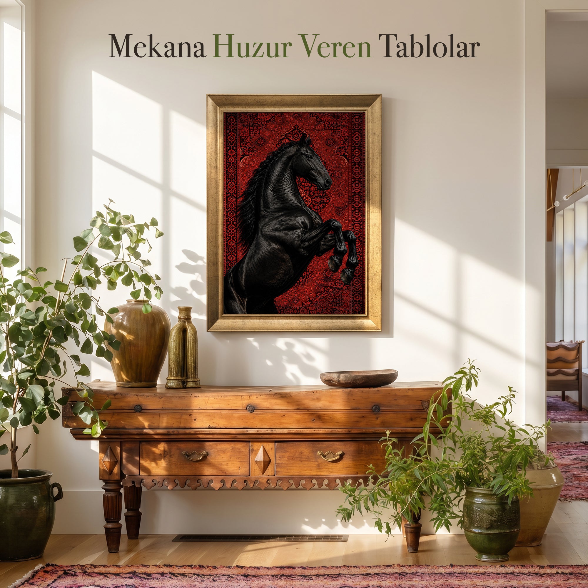 Siyah At Vintage Halı Kanvas Tablo