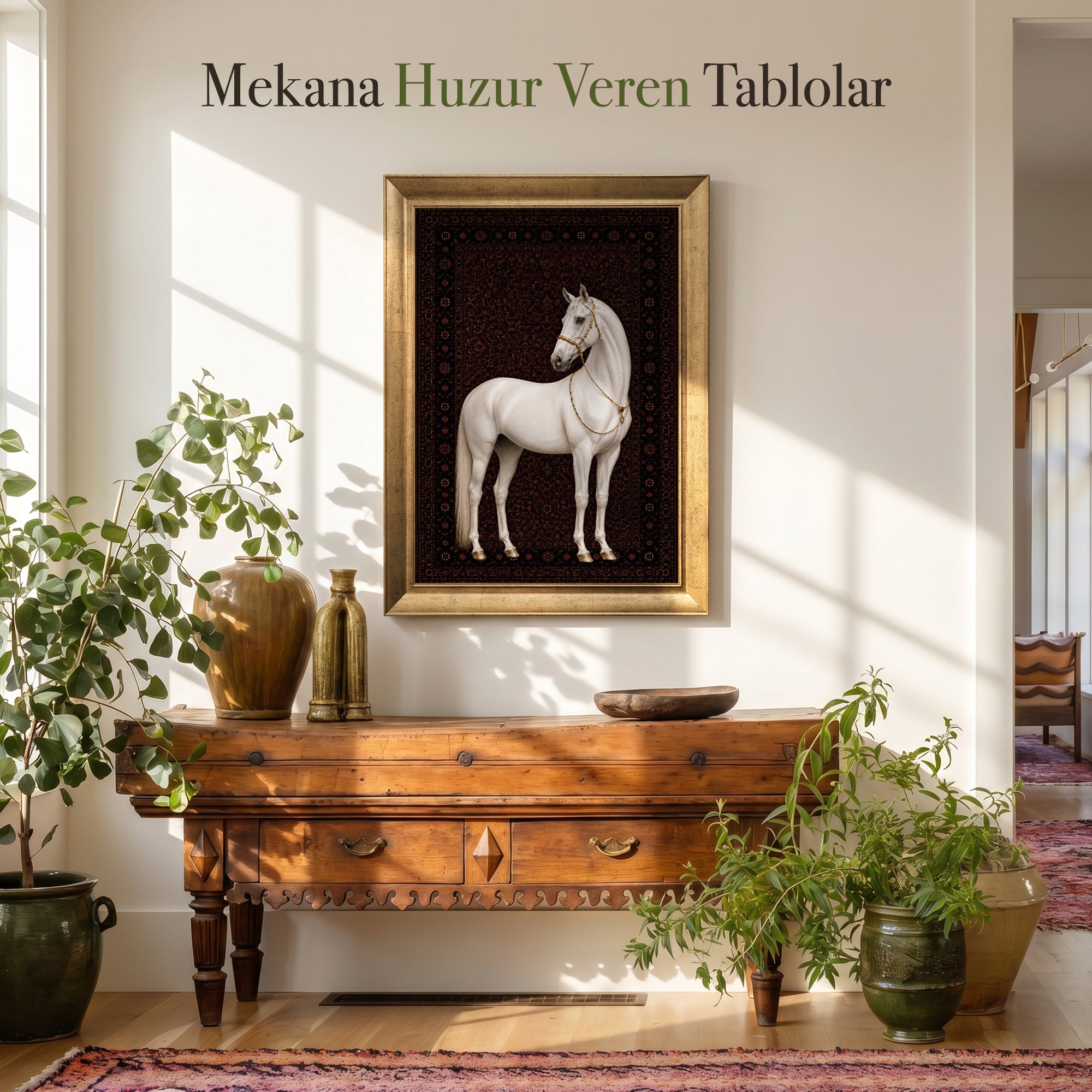 Beyaz At Vintage Halı Kanvas Tablo