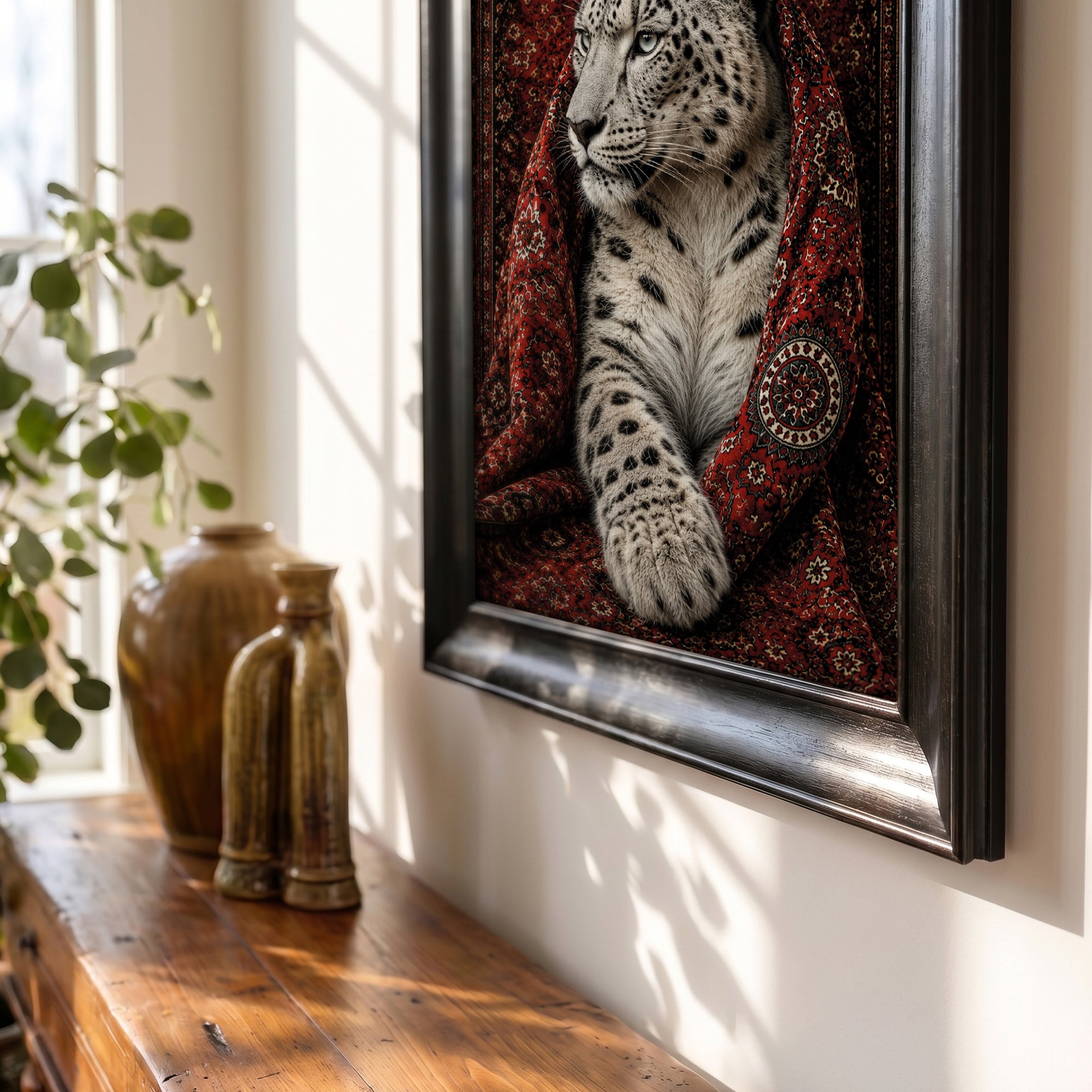 Kar Leoparı - Vintage Halı Kanvas Tablo