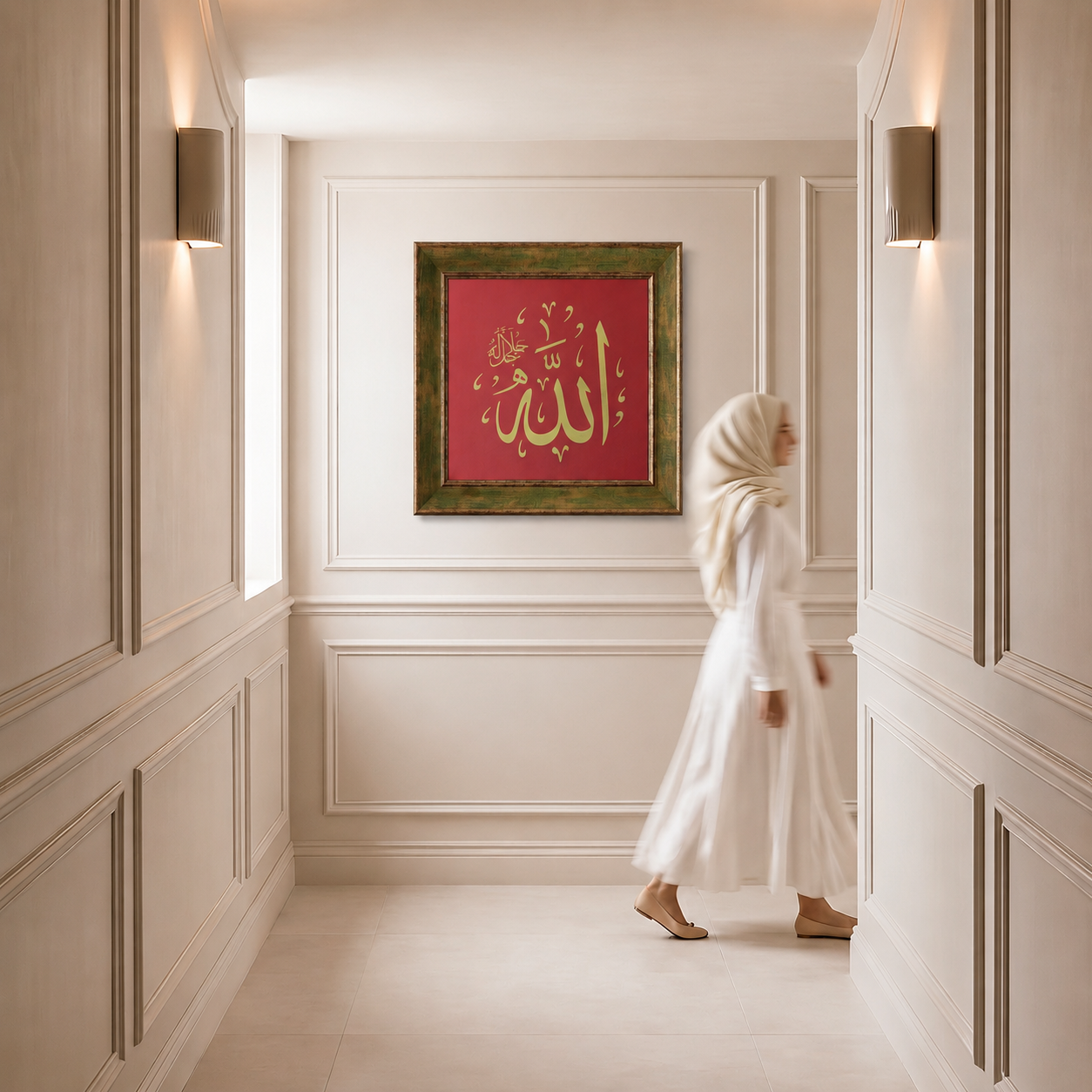 Allah (c.c.) Yazılı Modern Hat Tablosu — Endülüs Serisi Yeşil Çerçeveli