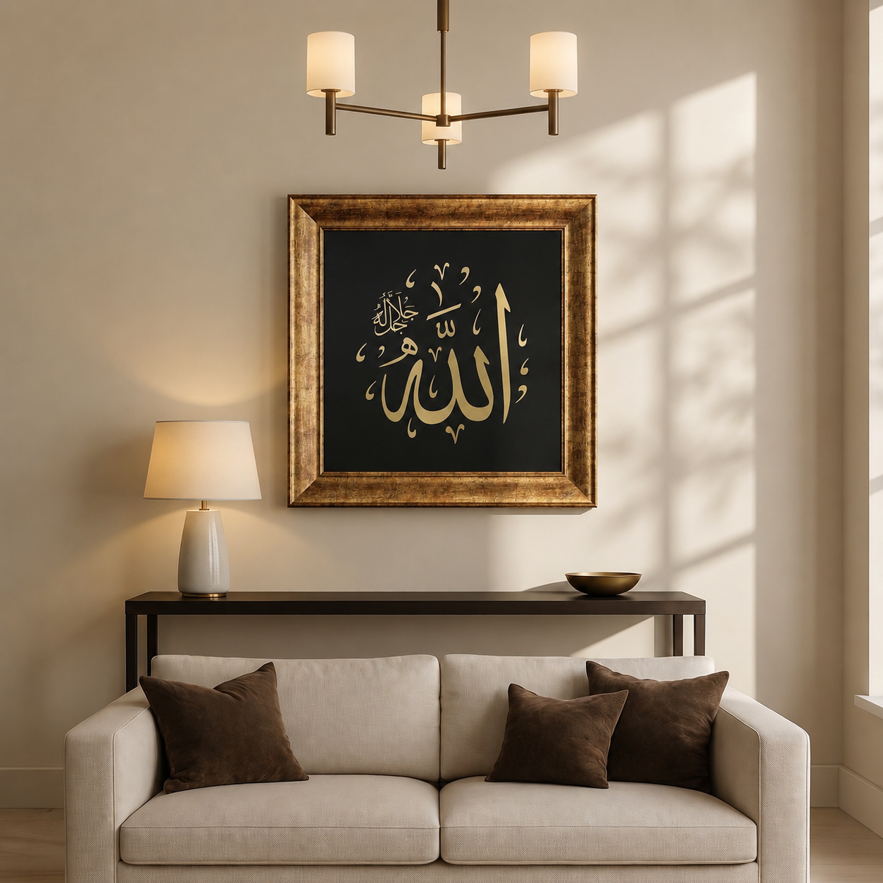 Allah (c.c.) Yazılı Modern Hat Tablosu — Endülüs Serisi Altın Çerçeveli